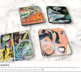 Load image into Gallery viewer, Set of comic book-themed coasters on a marble surface