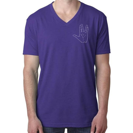Vulcan Hand Salute Outline V-Neck T-Shirt - Unisex/Mens in Purple - Leonard Nimoy's Shop LLAP