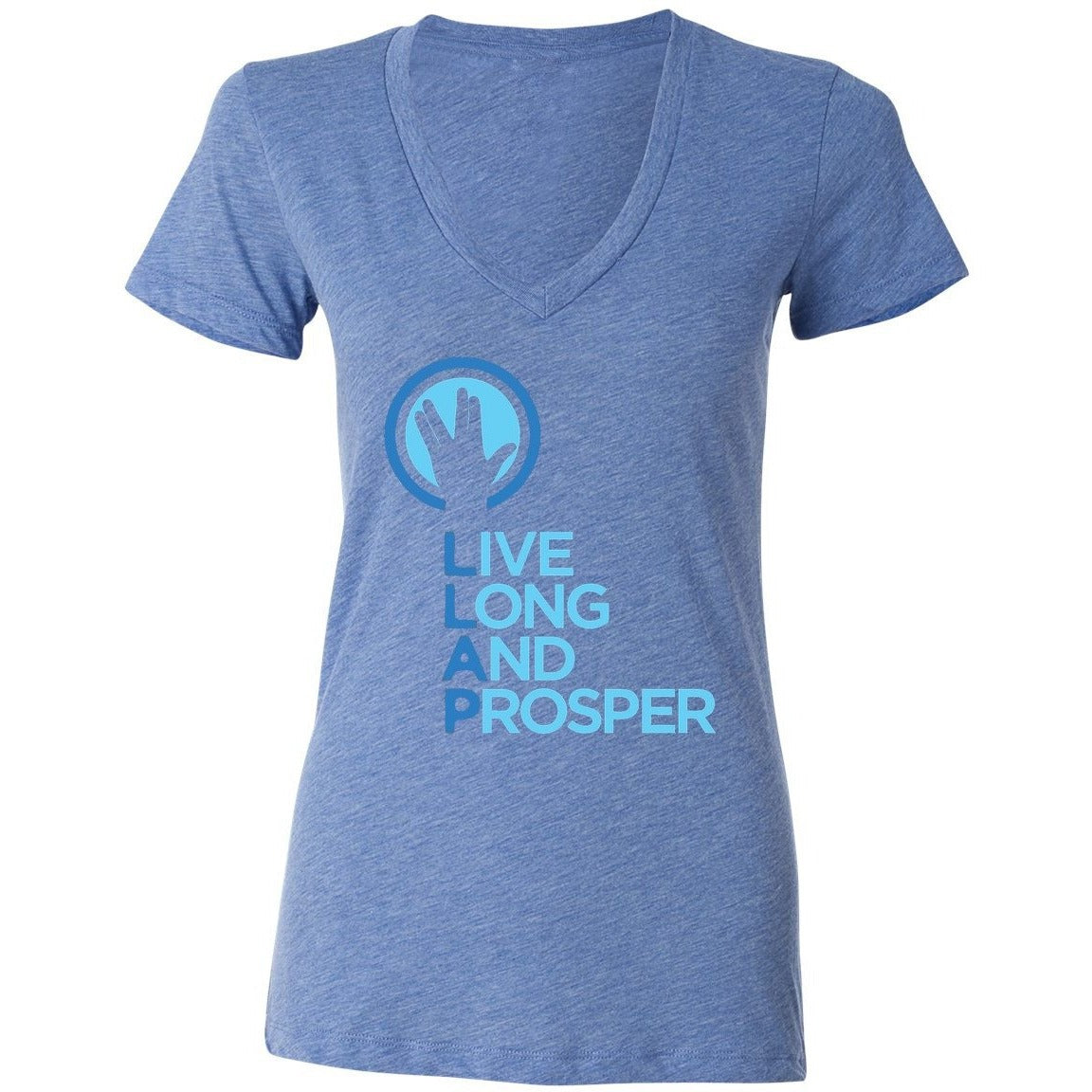 Live Long and Prosper + Hand Salute V Neck Tee - Unisex and Ladies Sizes - Heather Blue - Leonard Nimoy's Shop LLAP