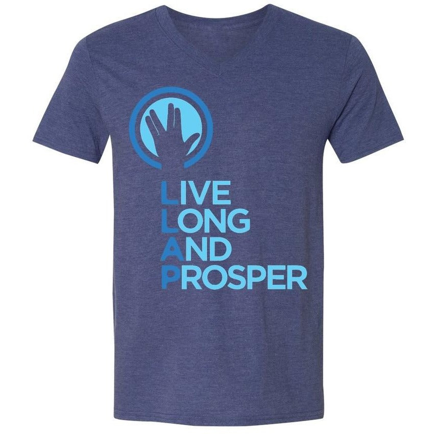 Live Long and Prosper + Hand Salute V Neck Tee - Unisex and Ladies Sizes - Heather Blue - Leonard Nimoy's Shop LLAP
