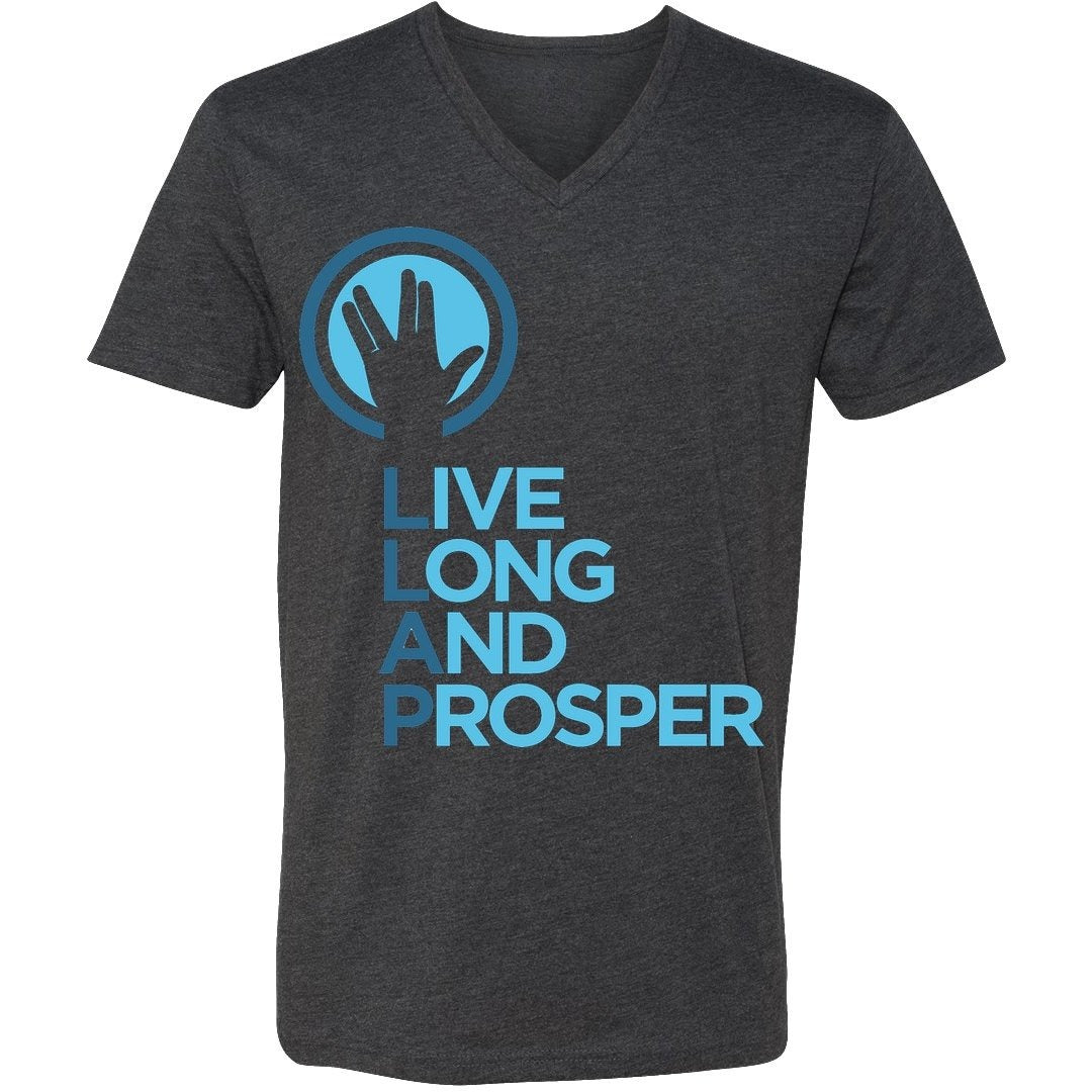 Live Long and Prosper + Hand Salute V-Neck Tee in Charcoal Heather - Unisex and Ladies Sizes - Leonard Nimoy's Shop LLAP