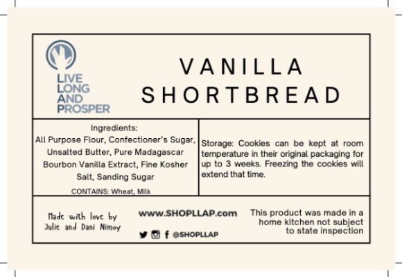 Vanilla shortbread cookie label with ingredients, storage information, and branding details.