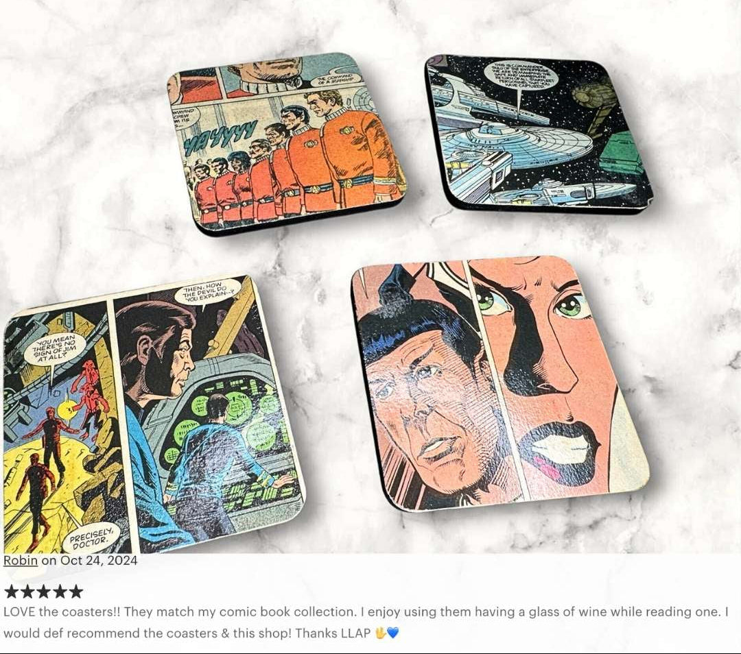 Set of comic book-themed coasters on a marble surface