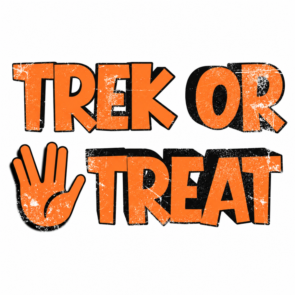 Sticker design featuring the text 'TREK OR TREAT' in distressed orange letters with black outlines and shadows, accompanied by an orange hand icon on the left, set against a plain white background.