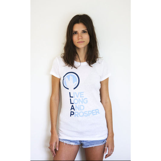 Live Long and Prosper + Hand Salute Tee in White - Unisex and Ladies Sizes - Leonard Nimoy's Shop LLAP