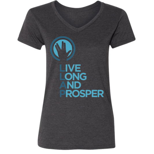 Live Long and Prosper + Hand Salute V-Neck Tee in Charcoal Heather - Unisex and Ladies Sizes - Leonard Nimoy's Shop LLAP