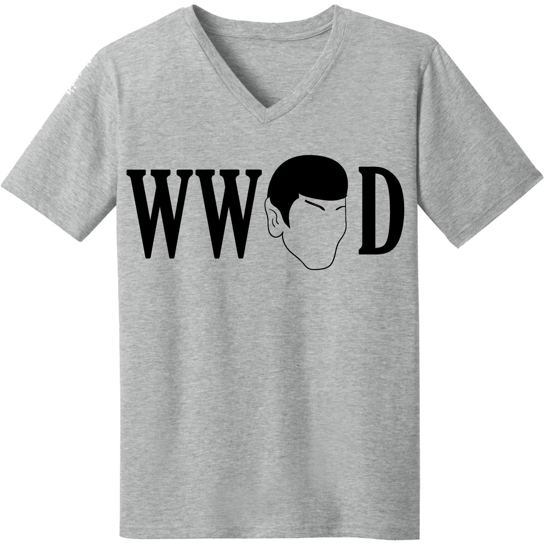 "WHAT WOULD SPOCK DO" V-Neck Tee in Heather Grey - Unisex and Ladies Sizes - Leonard Nimoy's Shop LLAP